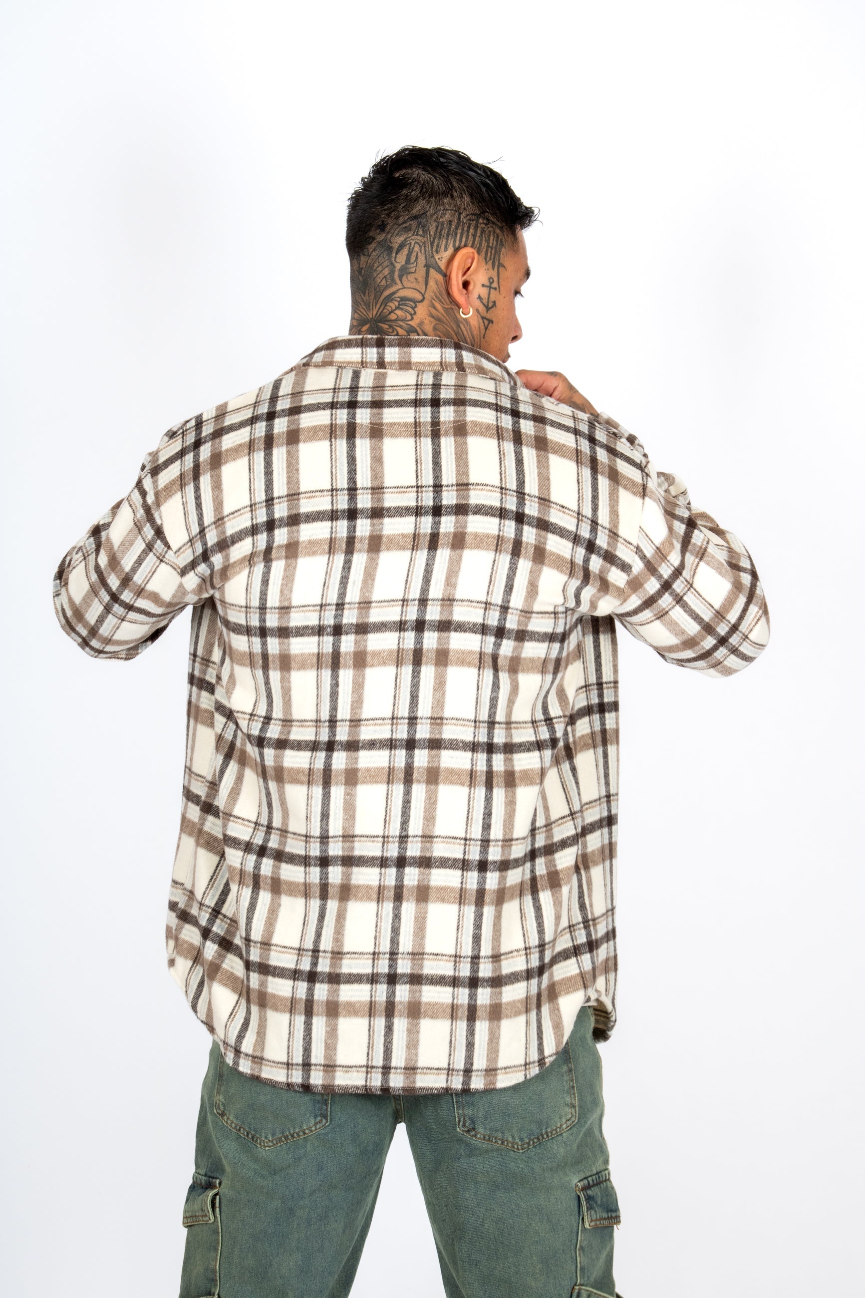 Oversized Beige Zip-Up Flannel Shirt