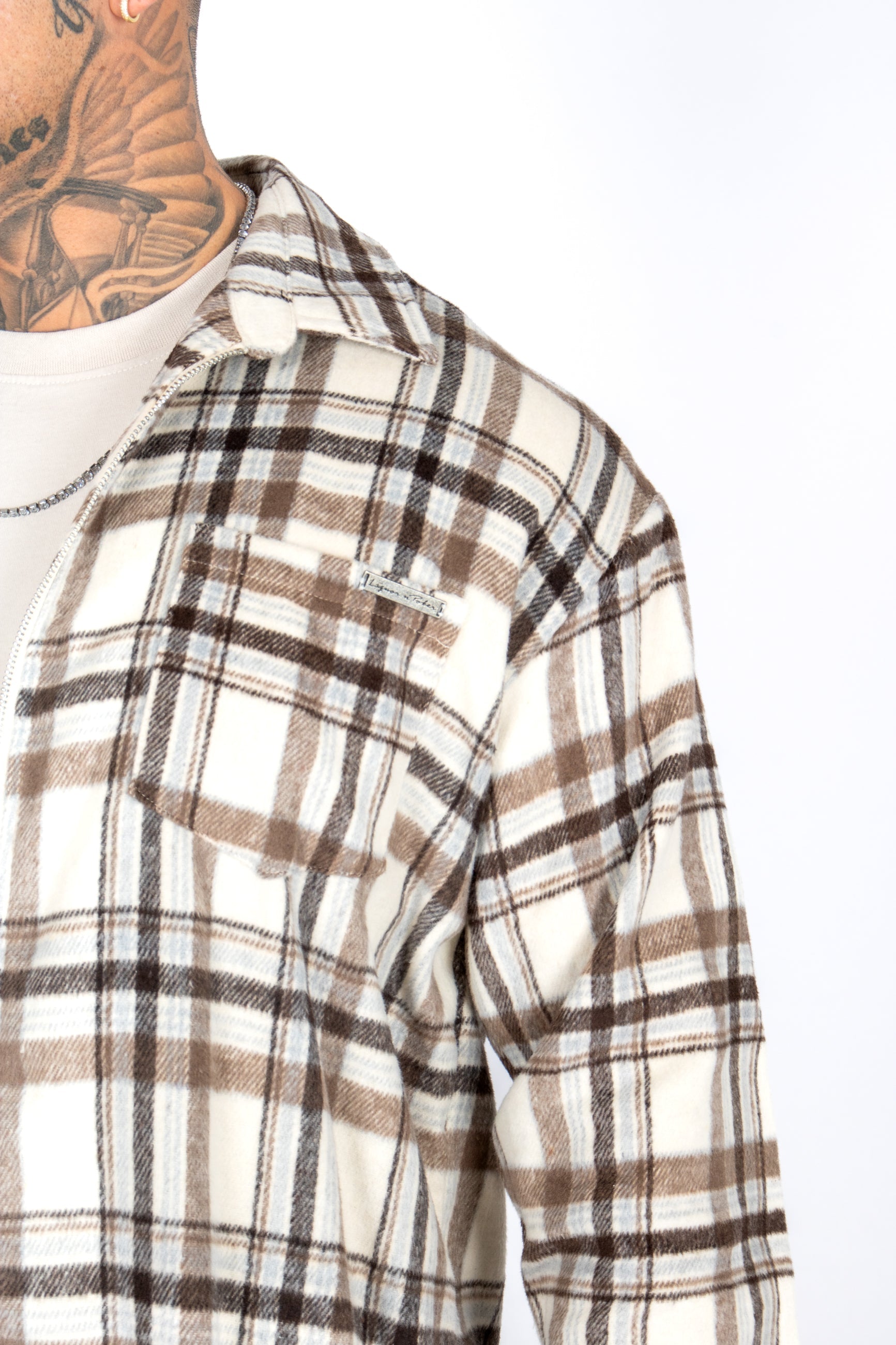 Oversized Beige Zip-Up Flannel Shirt