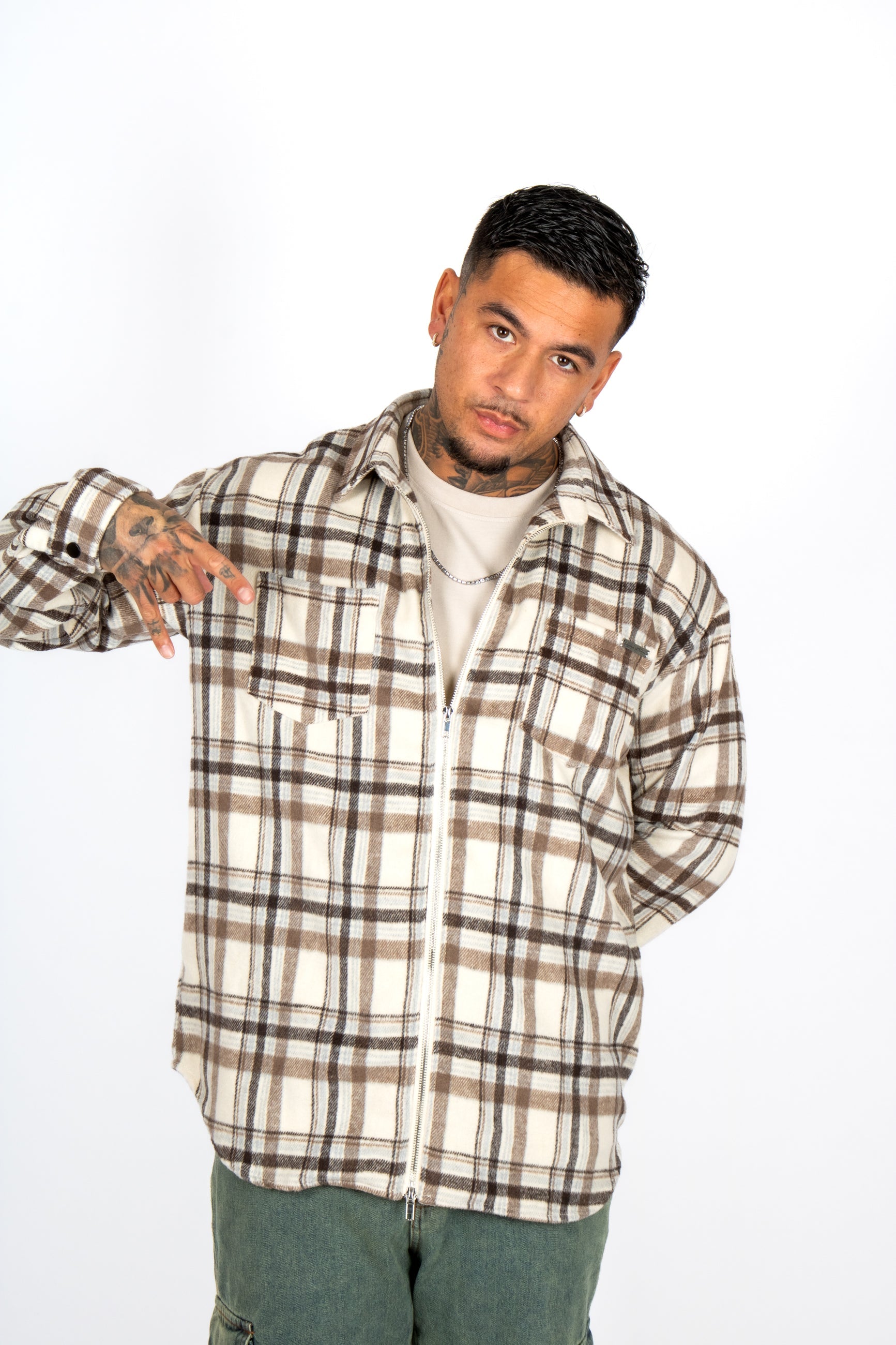 Oversized Beige Zip-Up Flannel Shirt