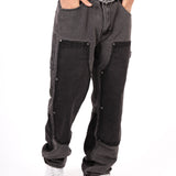 Grey & Black Patchwork Frayed Hem Jeans