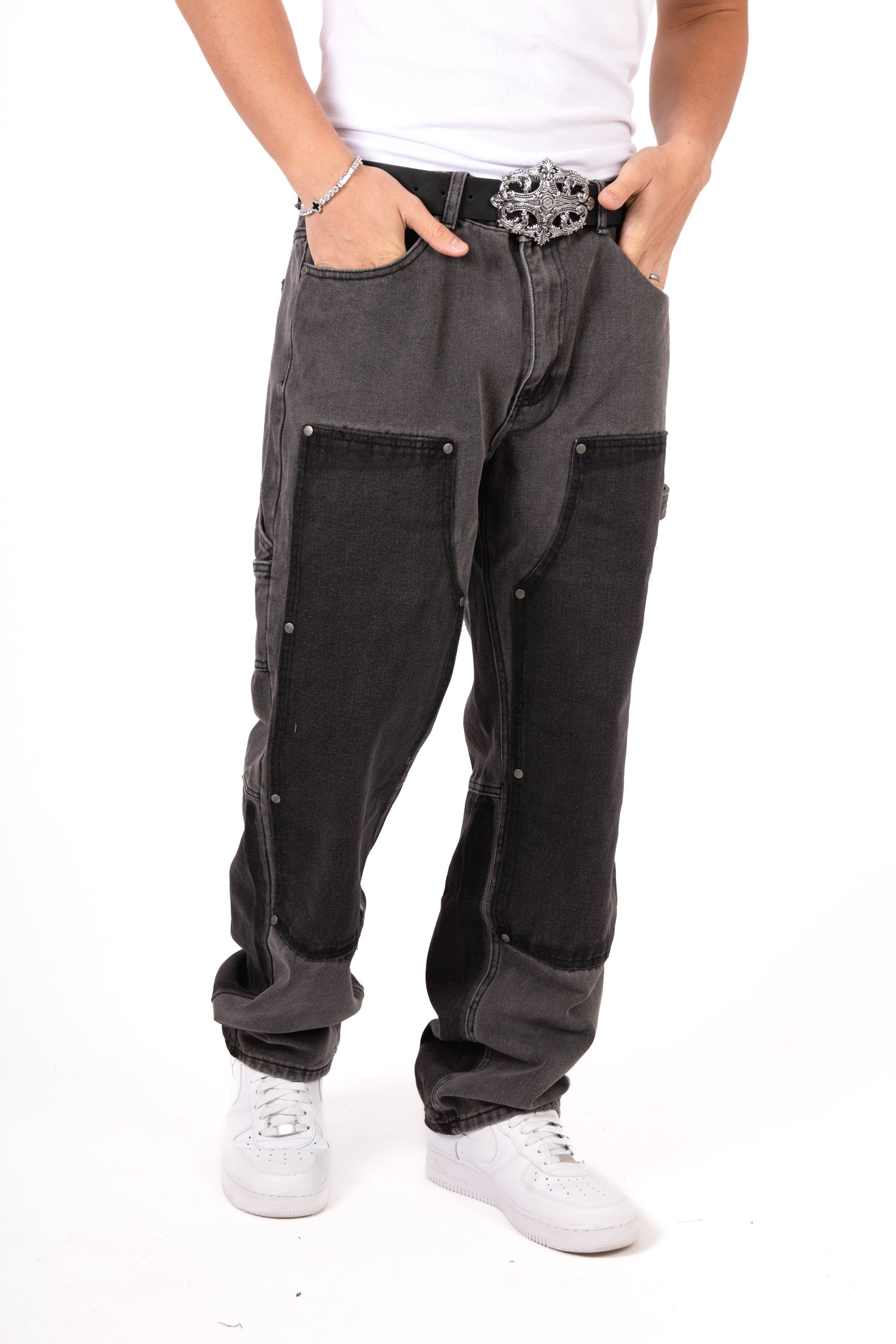 Grey & Black Patchwork Frayed Hem Jeans