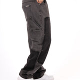 Grey & Black Patchwork Frayed Hem Jeans