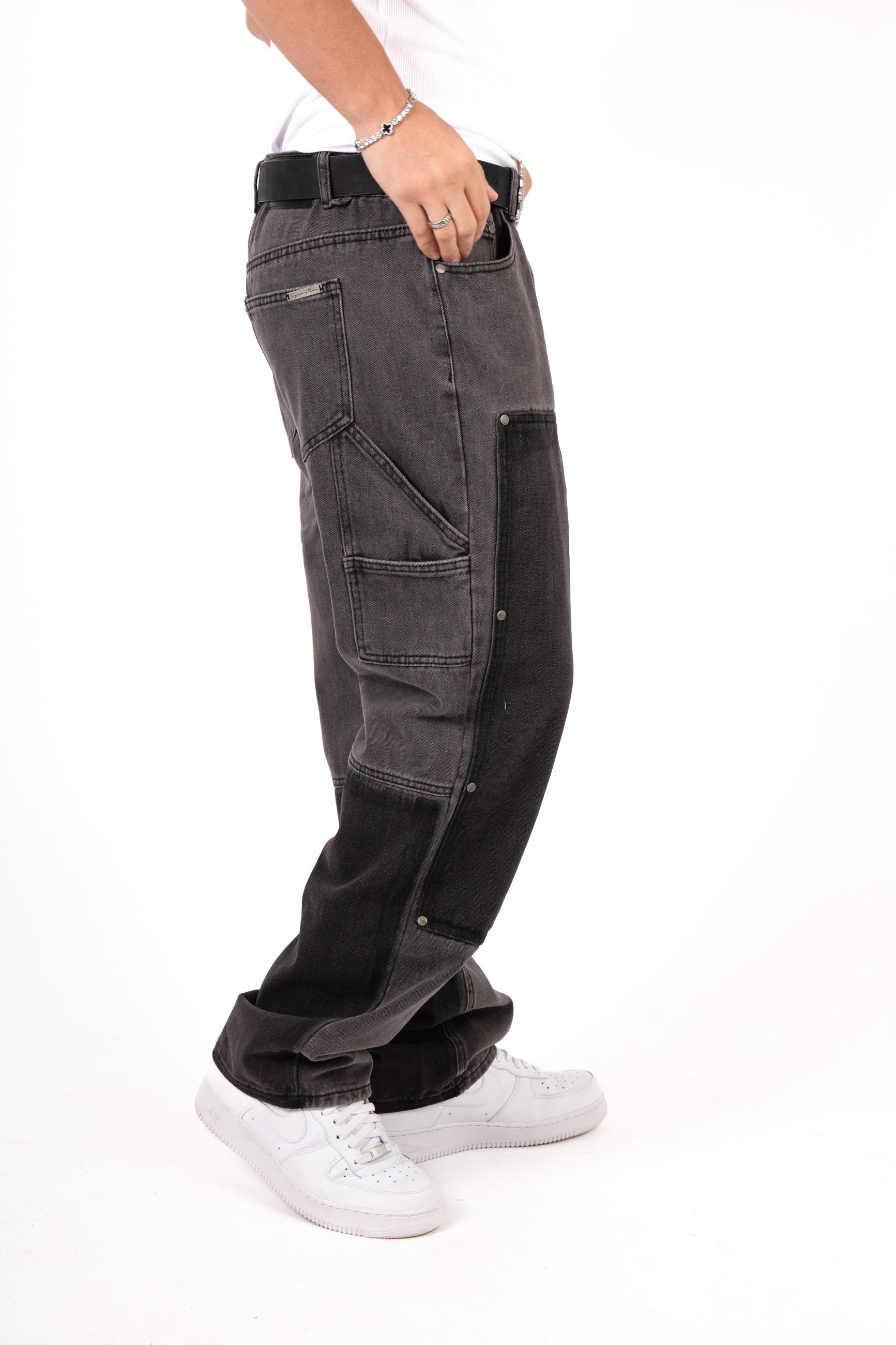 Grey & Black Patchwork Frayed Hem Jeans