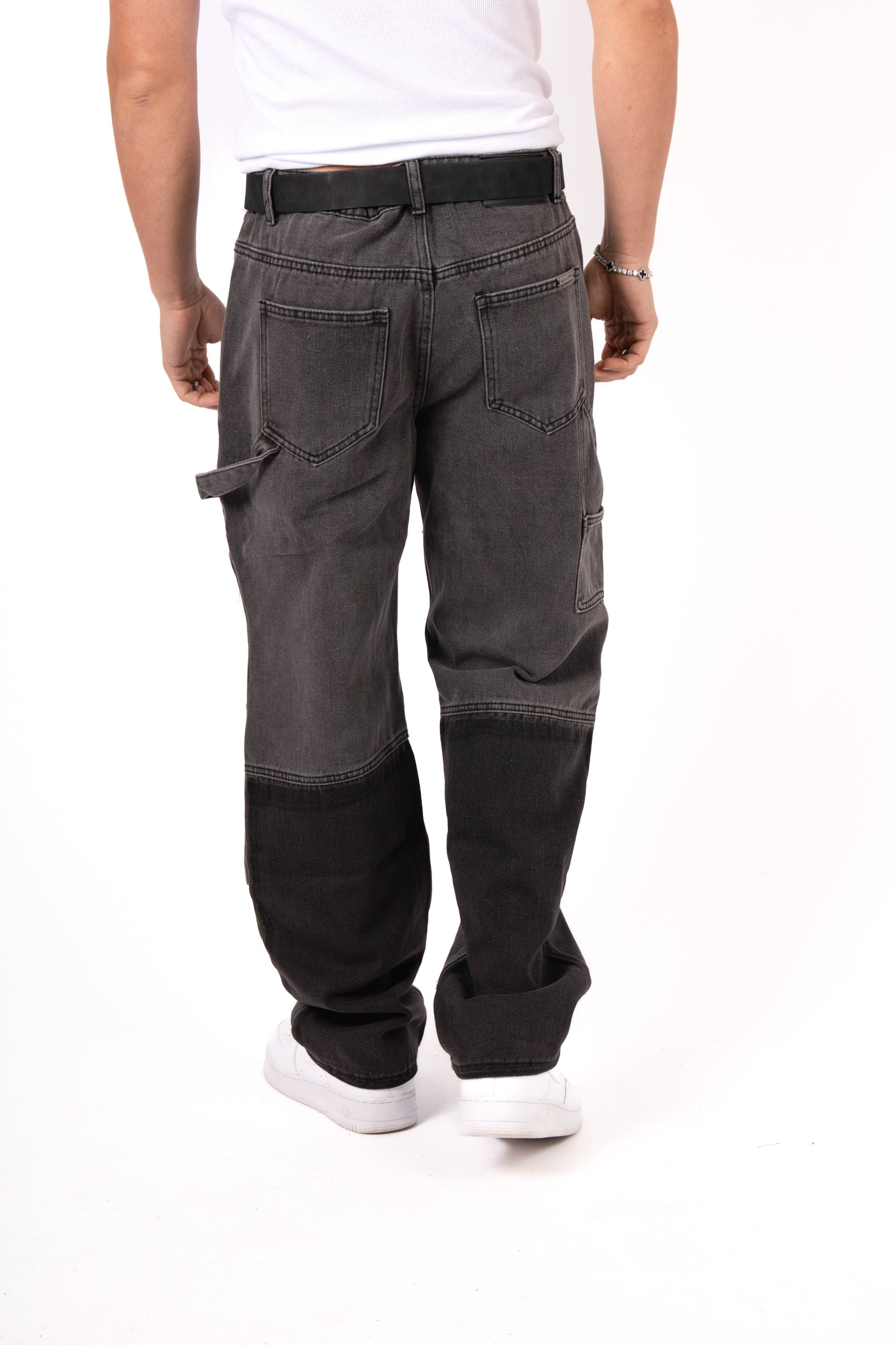 Grey & Black Patchwork Frayed Hem Jeans