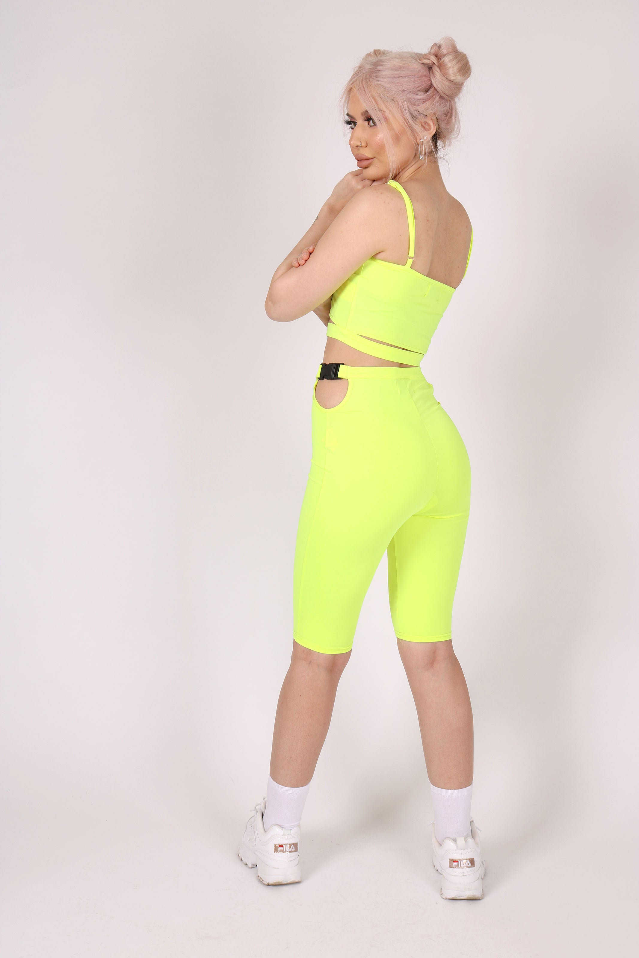 Neon Yellow Slinky Biker Shorts With Buckle