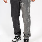 Premium Distressed Cross Washed Two-Tone Denim Jeans