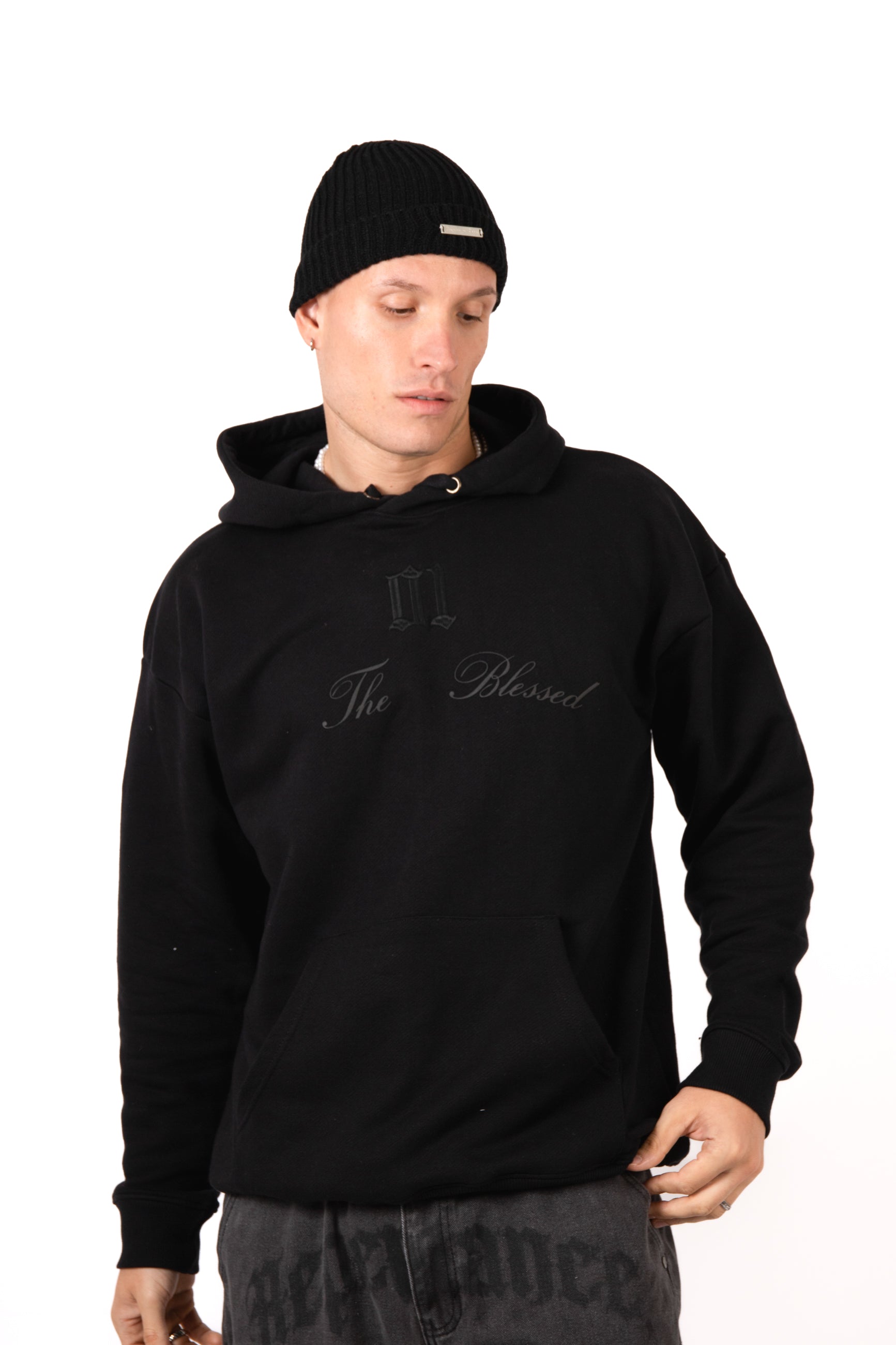 Black Printed 'The Blessed 01' Motif Hoodie