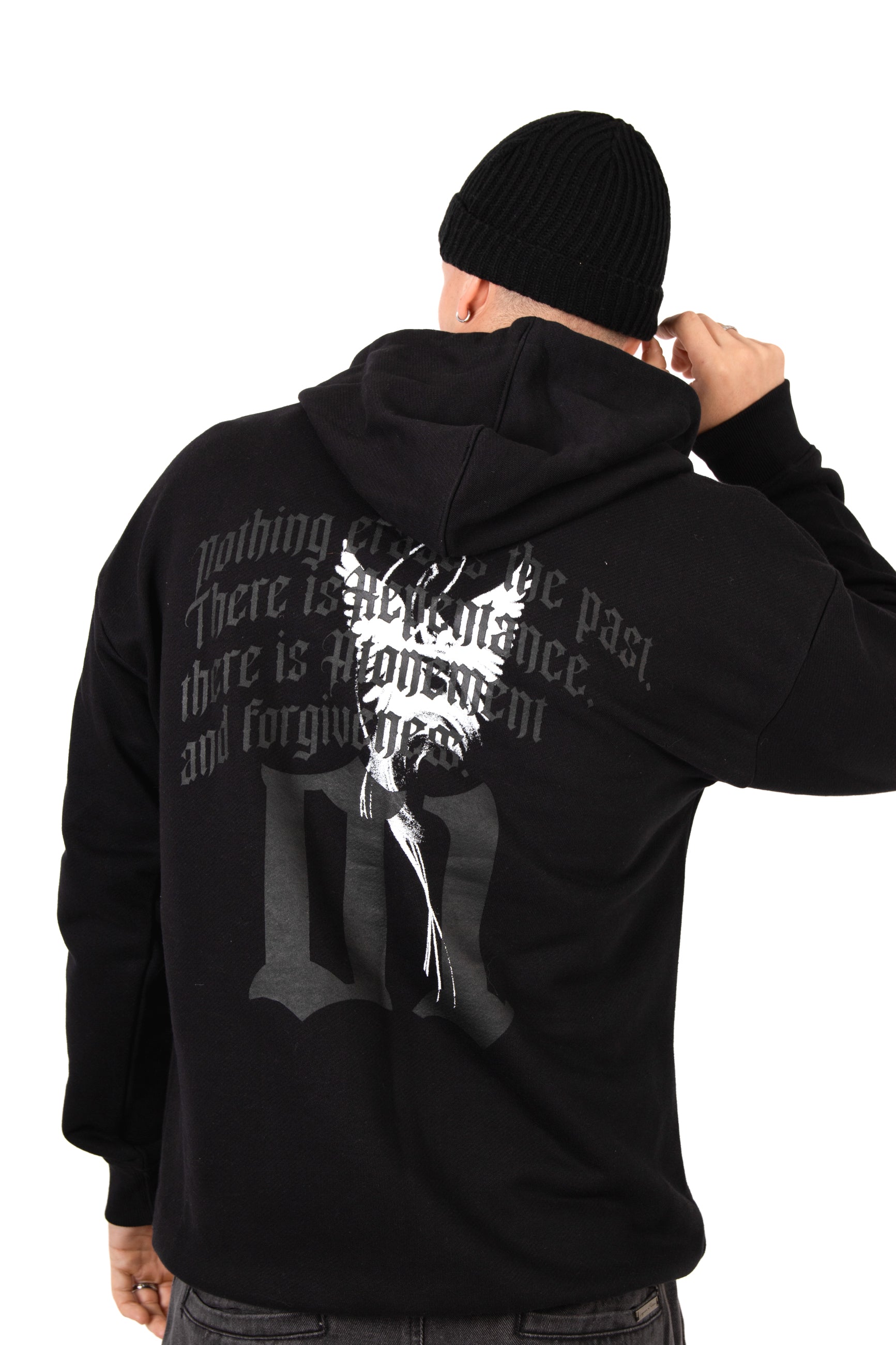 Black Printed 'The Blessed 01' Motif Hoodie