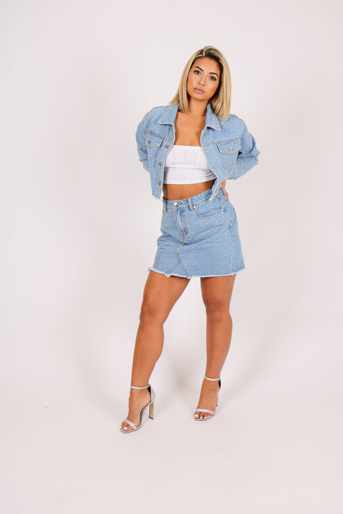 Anais Glitzy Glam Denim Mini Skirt In Vintage Stonewash