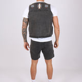 Washed Black Denim Gilet with Aztec Embroidery