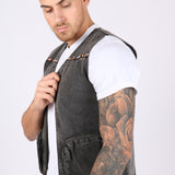 Washed Black Denim Gilet with Aztec Embroidery