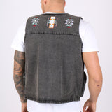 Washed Black Denim Gilet with Aztec Embroidery