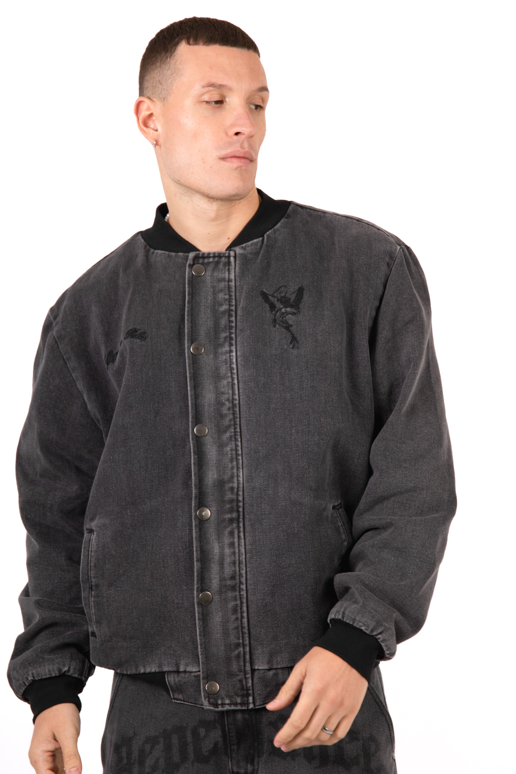 Washed Black 'Repentance' Motif Bomber Jacket