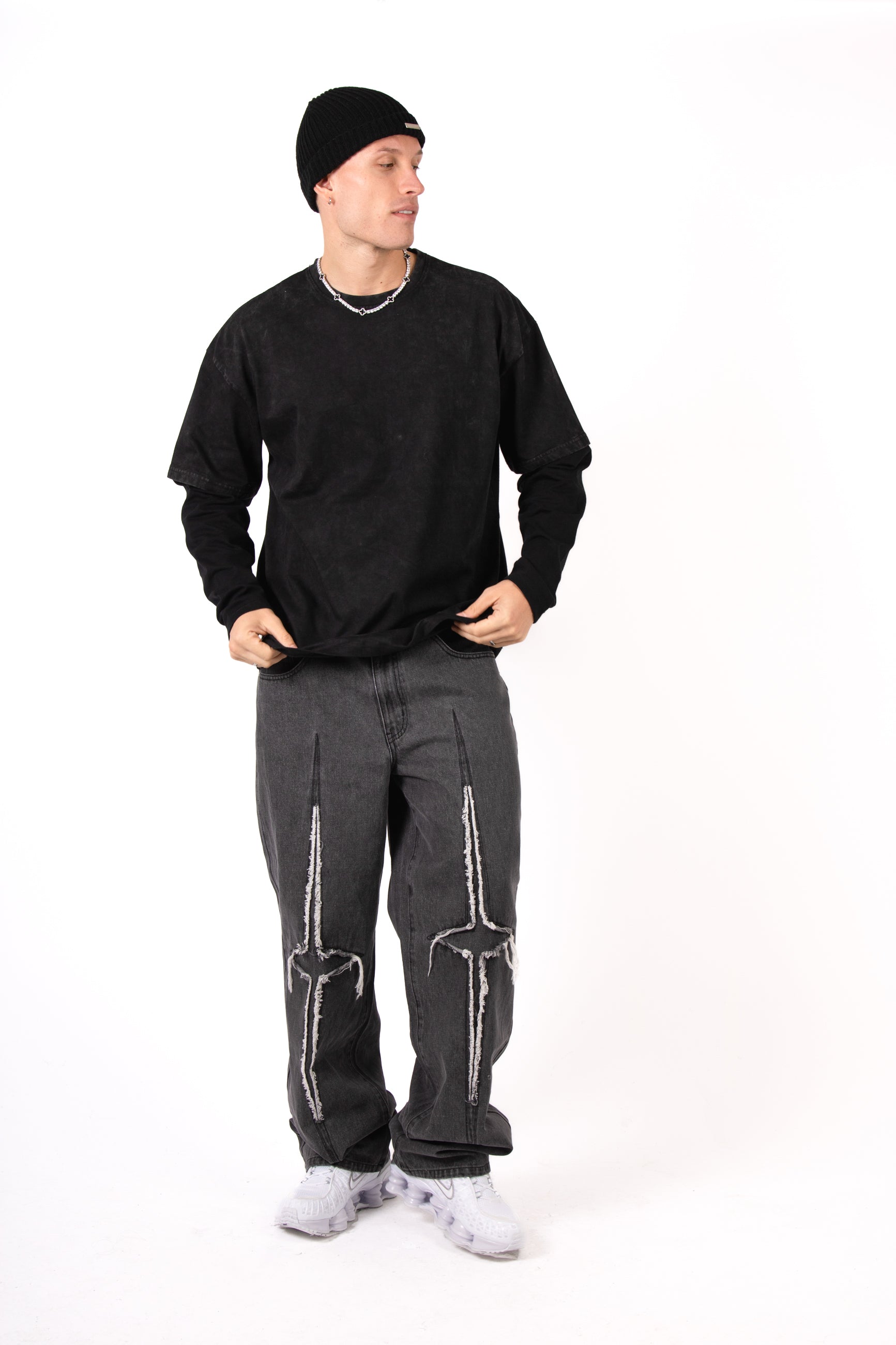 Black Double Layer Oversized 'Repentance' Motif Long Sleeve T-Shirt