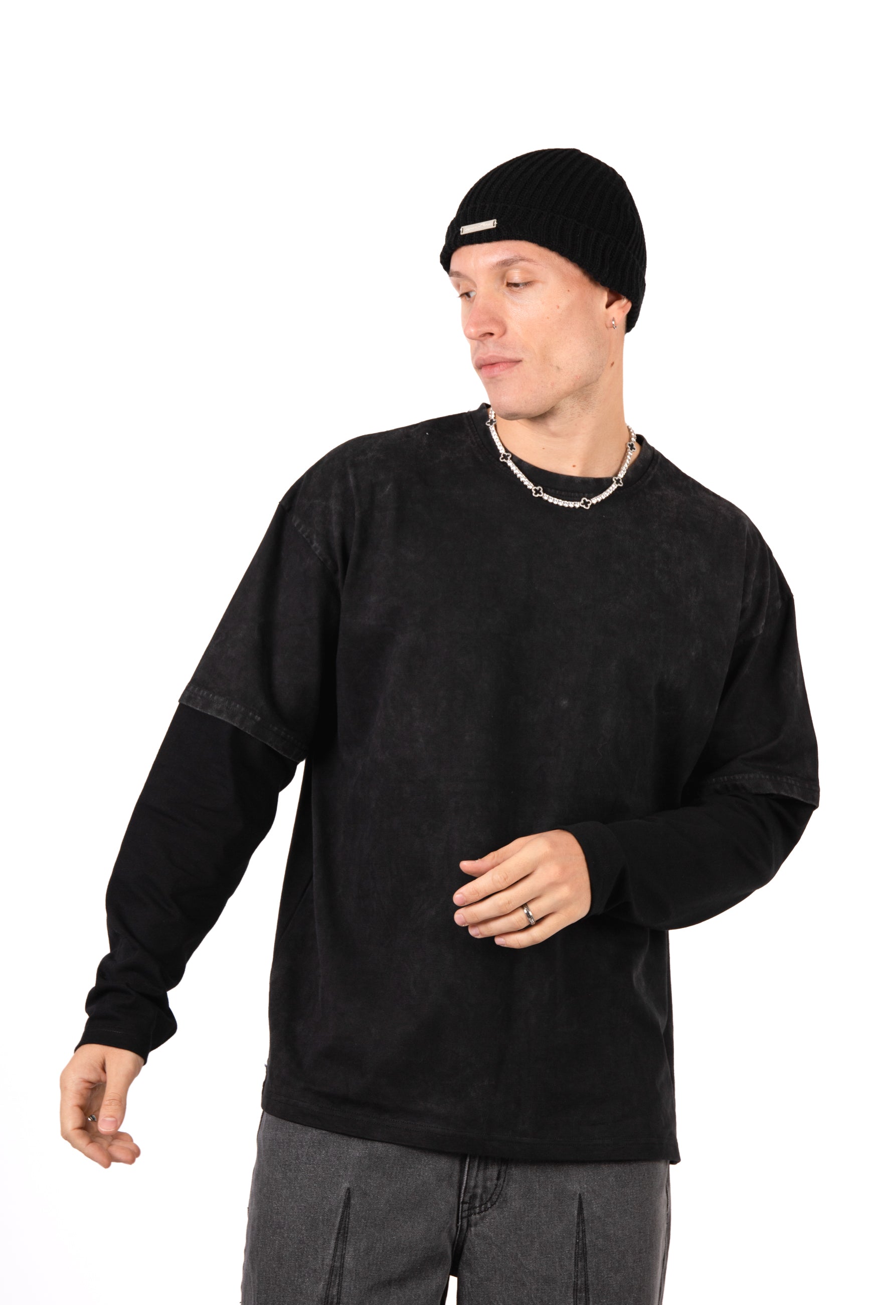 Black Double Layer Oversized 'Redemption' Motif Long Sleeve T-Shirt