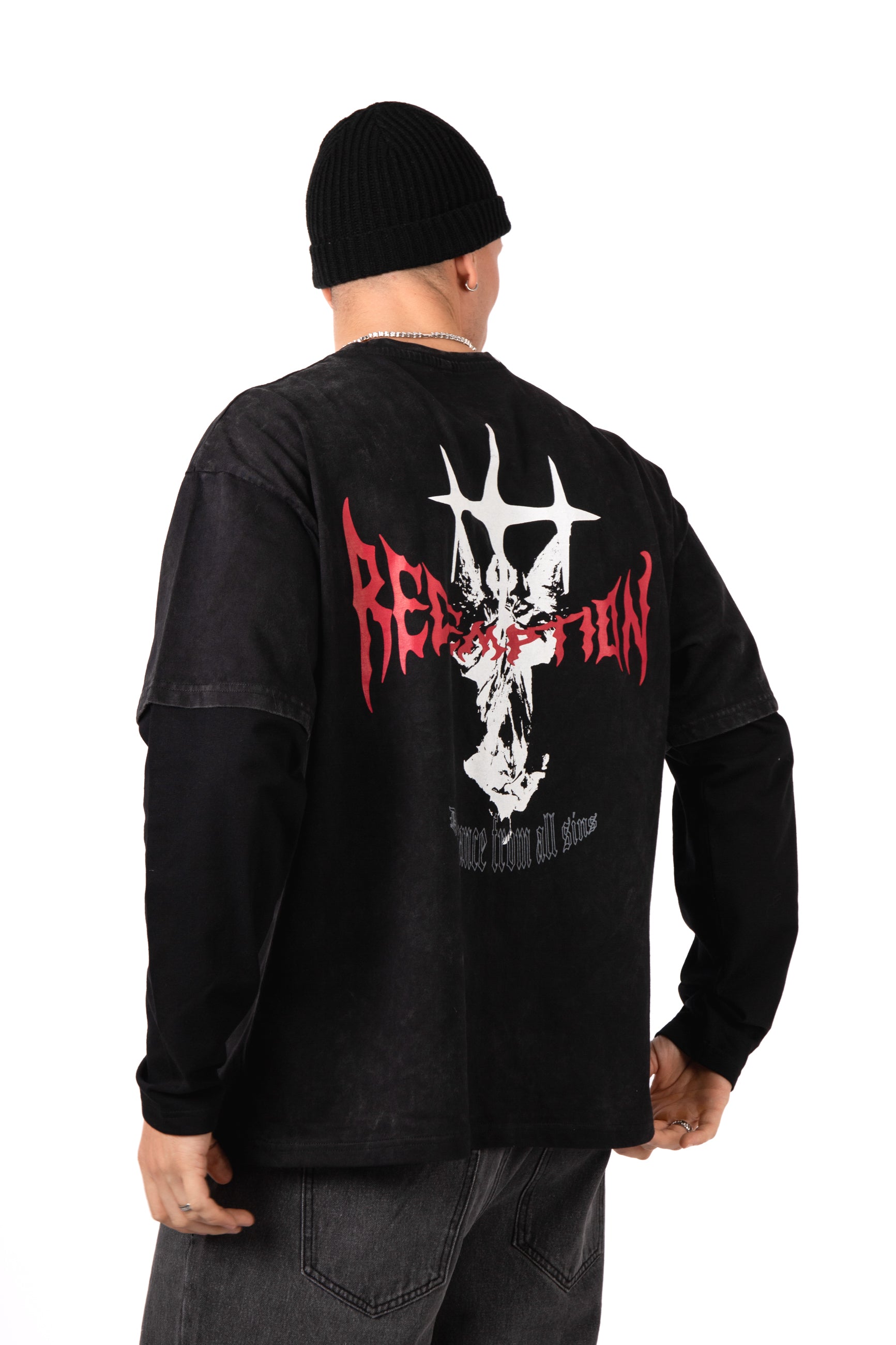 Black Double Layer Oversized 'Redemption' Motif Long Sleeve T-Shirt