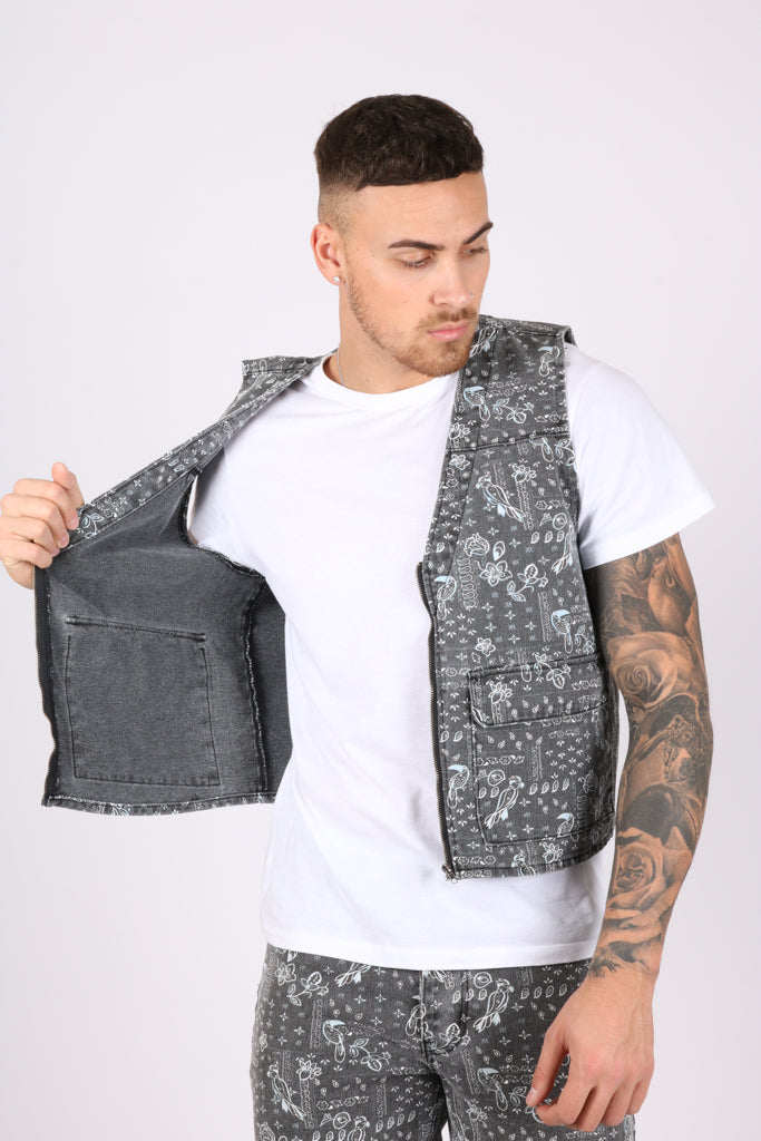 Paisley Printed Denim Gilet Vest