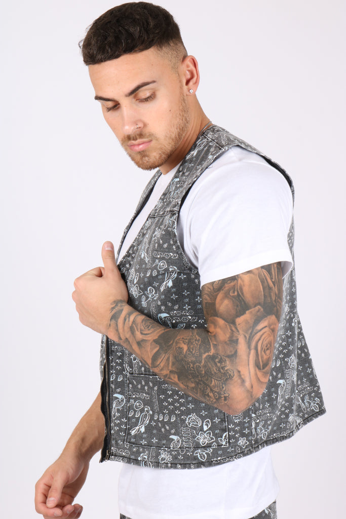 Paisley Printed Denim Gilet Vest