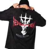 Black Double Layer Oversized 'Redemption' Motif Long Sleeve T-Shirt