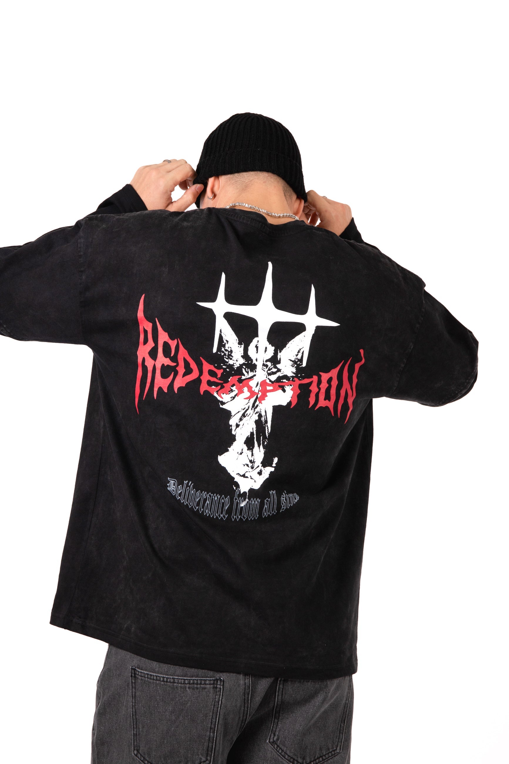 Black Double Layer Oversized 'Redemption' Motif Long Sleeve T-Shirt