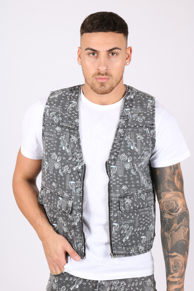 Paisley Printed Denim Gilet Vest