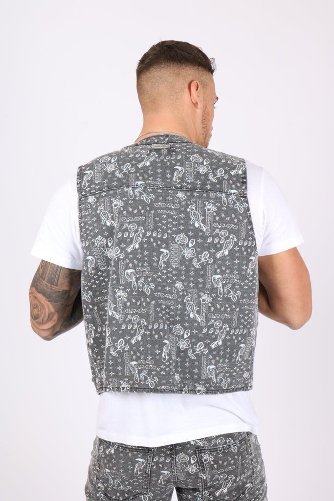 Paisley Printed Denim Gilet Vest