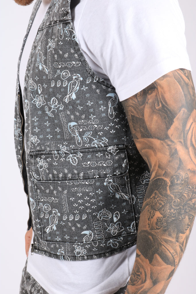 Paisley Printed Denim Gilet Vest