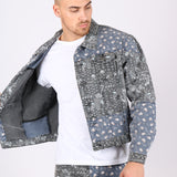 Oversized Trucker Jacket In Black Floral And Blue Paisley Splicing