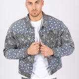 Oversized Trucker Jacket In Black Floral And Blue Paisley Splicing