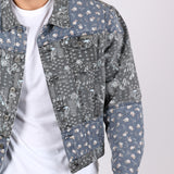 Oversized Trucker Jacket In Black Floral And Blue Paisley Splicing