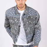 Oversized Trucker Jacket In Black Floral And Blue Paisley Splicing