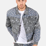 Oversized Trucker Jacket In Black Floral And Blue Paisley Splicing