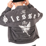 Washed Black 'The Blessed One' Motif Printed Denim Jacket