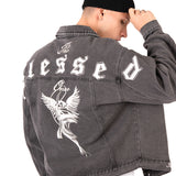 Washed Black 'The Blessed One' Motif Printed Denim Jacket