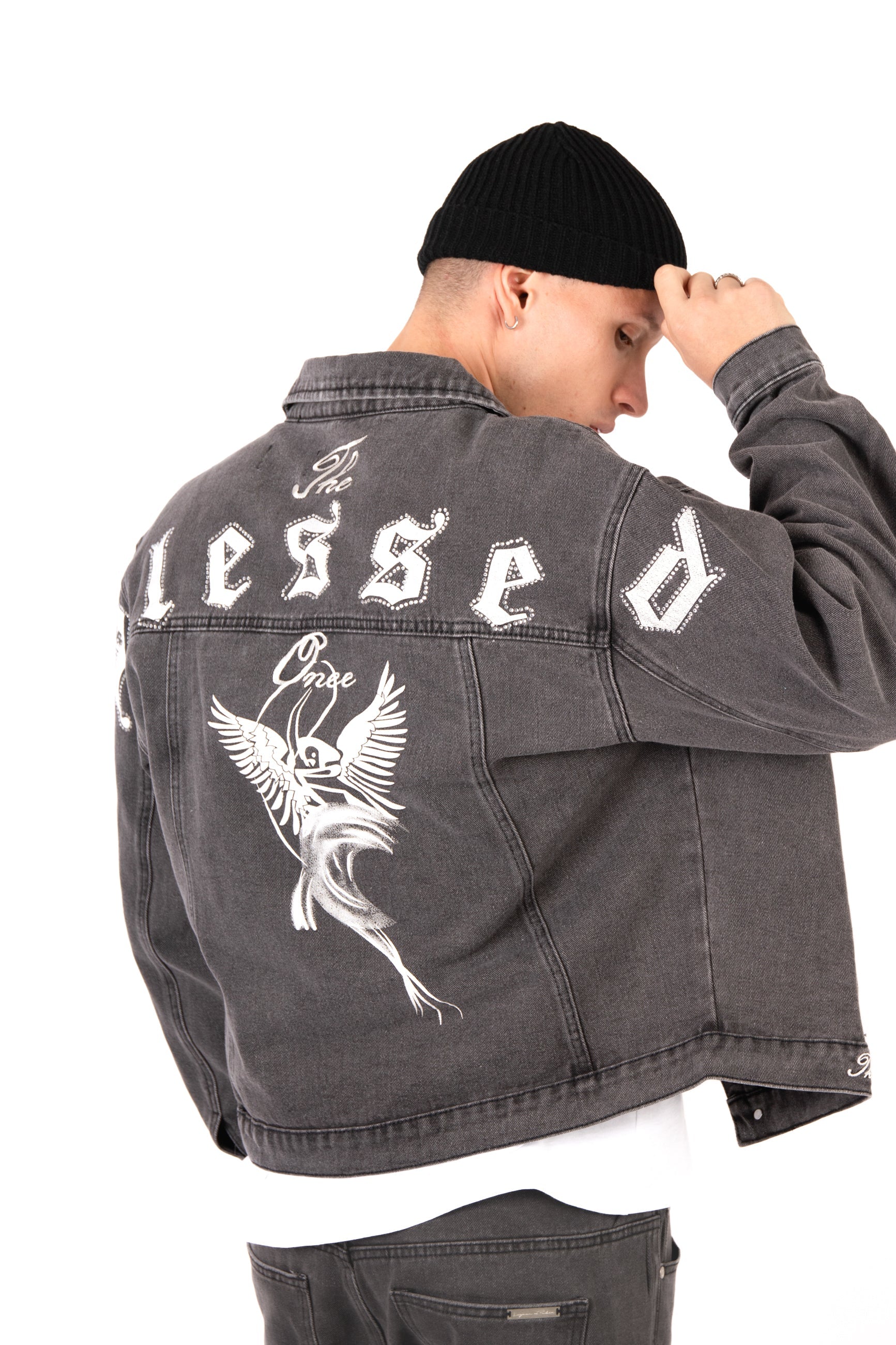 Washed Black 'The Blessed One' Motif Printed Denim Jacket