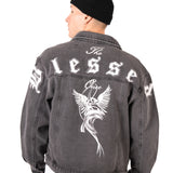 Washed Black 'The Blessed One' Motif Printed Denim Jacket