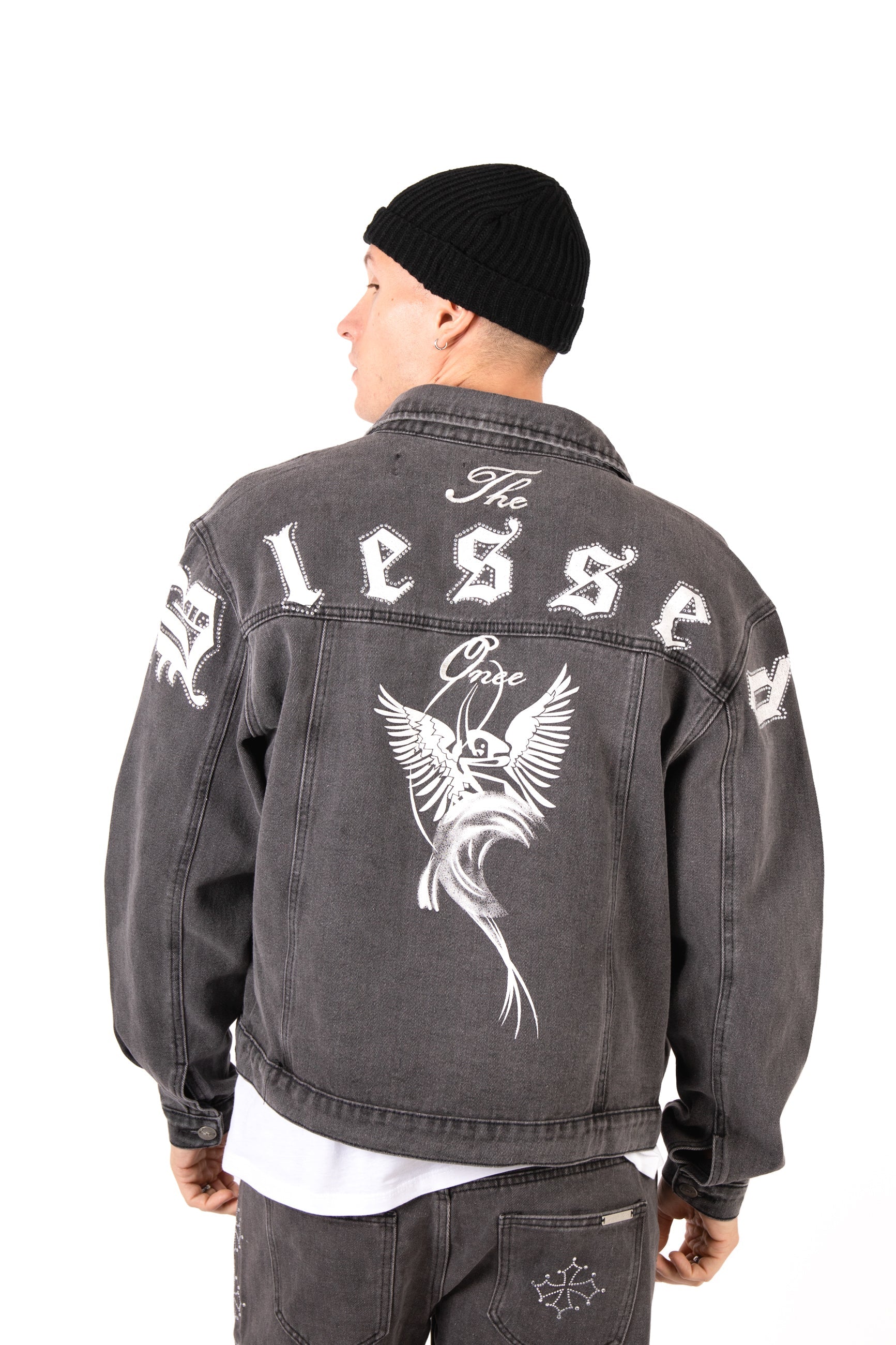 Washed Black 'The Blessed One' Motif Printed Denim Jacket