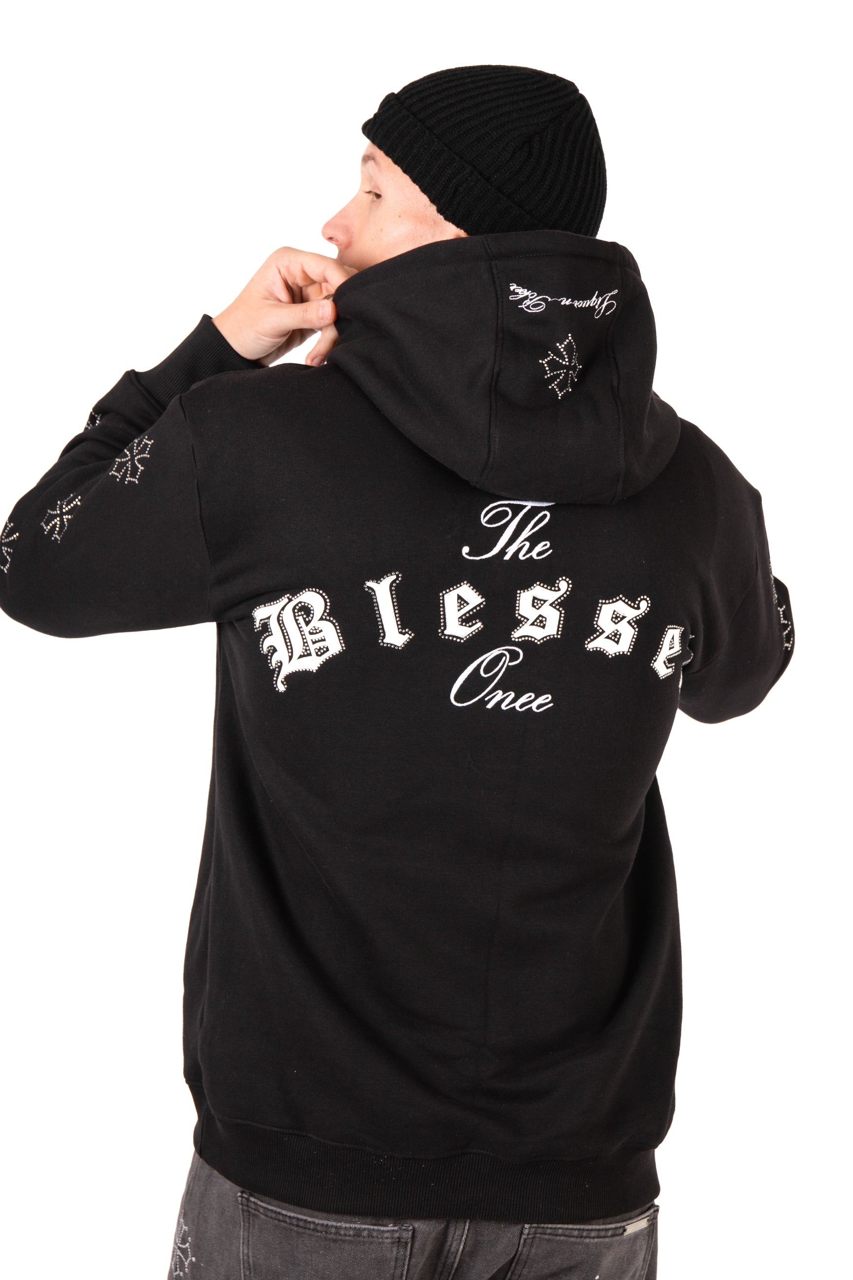 Black Rhinestone Embellished 'Blessed' Motif Hoodie