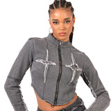 Washed Grey Rip & Repair Rapture Stitch Cropped Jacket