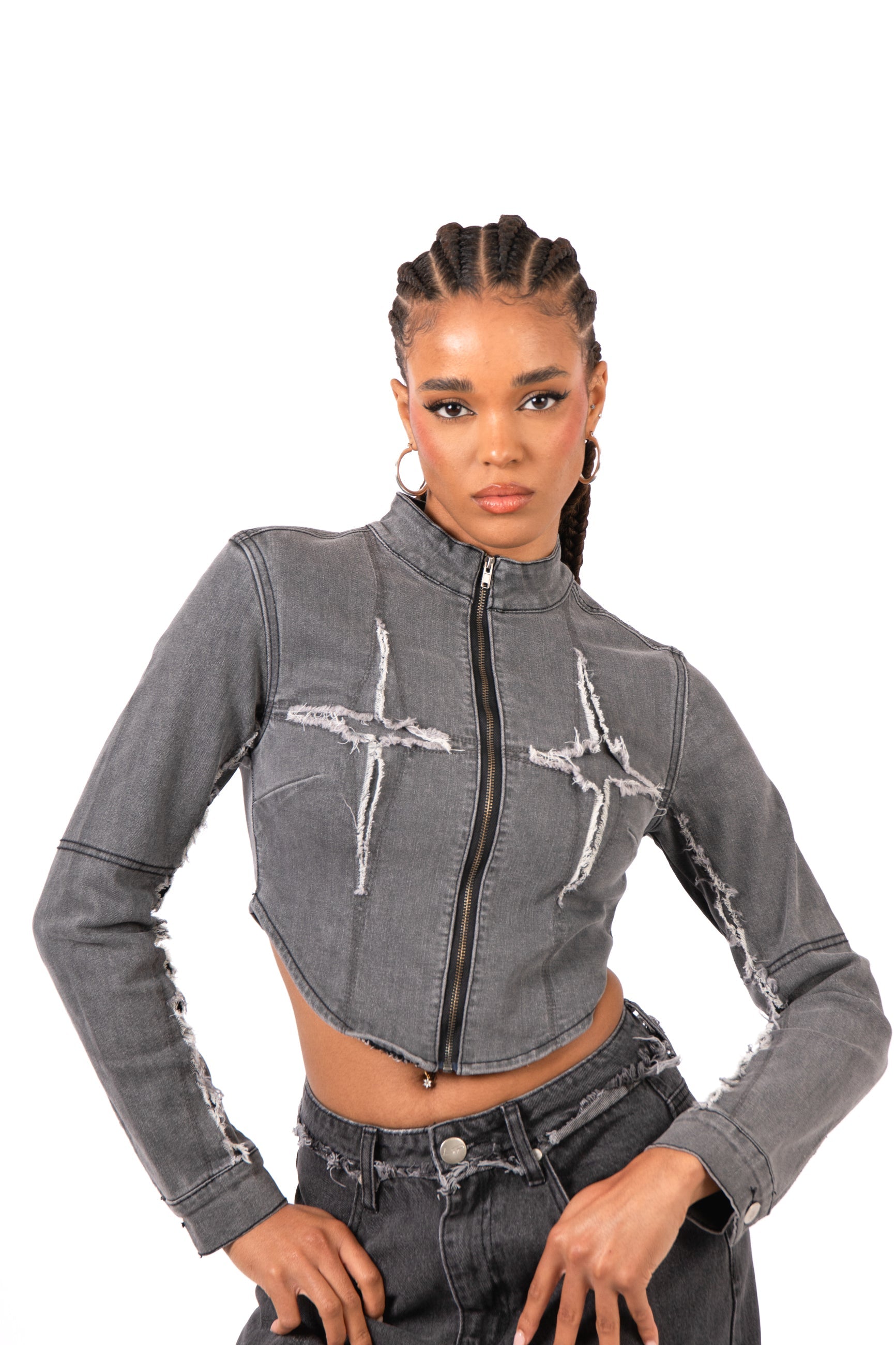 Washed Grey Rip & Repair Rapture Stitch Cropped Jacket