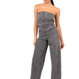 Washed Black Utility Carpenter Banded Denim Jumpsuit