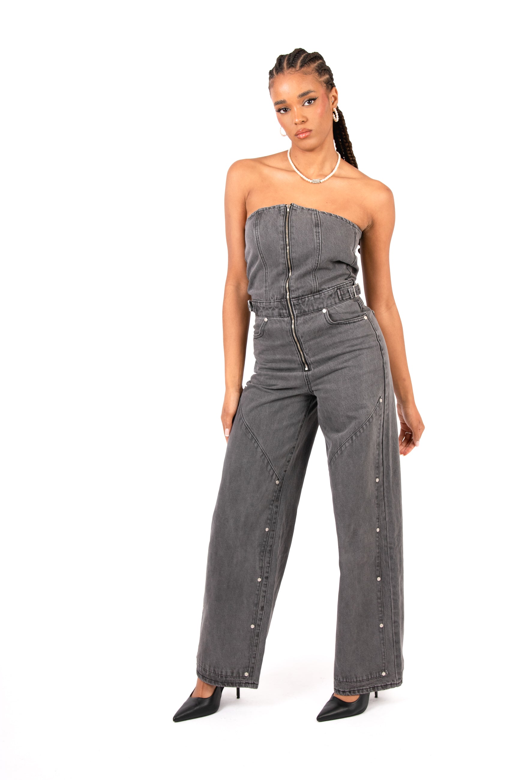 Washed Black Utility Carpenter Banded Denim Jumpsuit