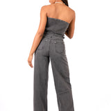 Washed Black Utility Carpenter Banded Denim Jumpsuit