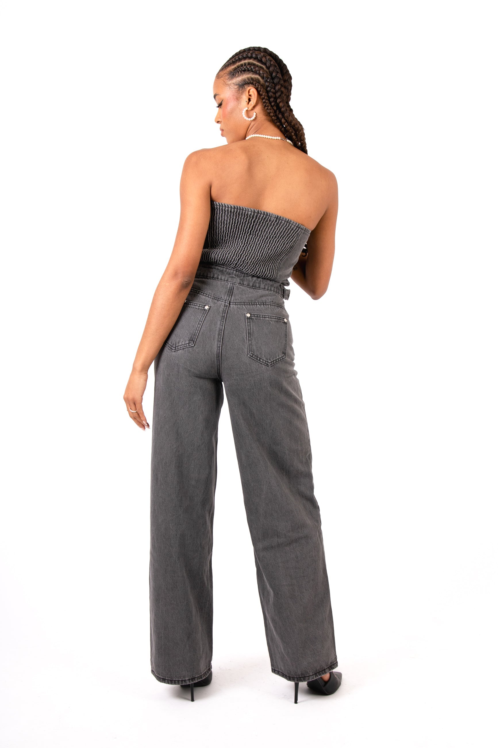 Washed Black Utility Carpenter Banded Denim Jumpsuit