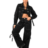 Black Contrast Stitch & Utility Pocket Cropped Denim Jacket