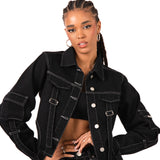 Black Contrast Stitch & Utility Pocket Cropped Denim Jacket