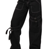 Black Contrast Stitch & Buckle Straight Leg Jeans