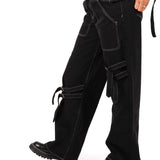 Black Contrast Stitch & Buckle Straight Leg Jeans