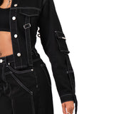 Black Contrast Stitch & Utility Pocket Cropped Denim Jacket