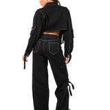 Black Contrast Stitch & Buckle Straight Leg Jeans